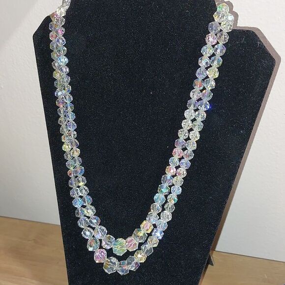 Vintage Aurora Borealis AB Glass Crystals Double Strand Glam Necklace - Picture 6 of 7